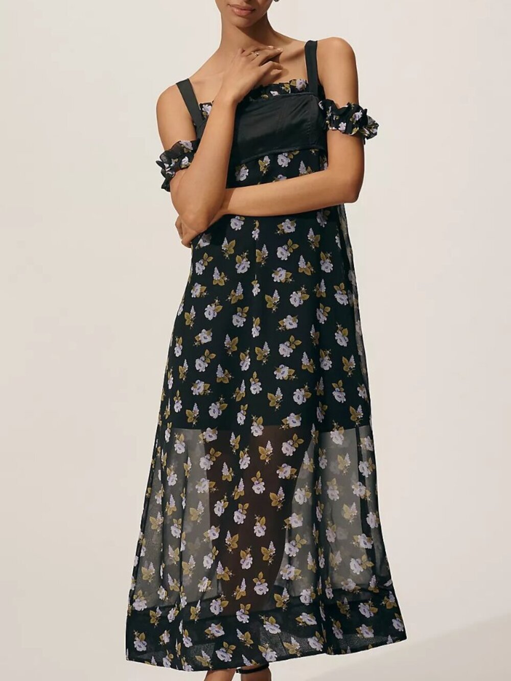 Anthropologie Maeve Sheer Black Floral Off-Shoulder Maxi Dress Size S NWT